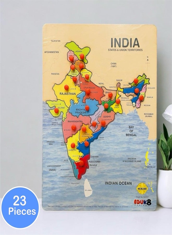 *MUKESH* MUKESH Wooden India Map Puzzle for Kids with States, Their Capitals, 23 Pieces with Knobs | Educational Wooden Puzzle Games for Boys and Girls|Map of India Puzzle for Kids|Jigsaw Puzzle Games for Kid - Image 2